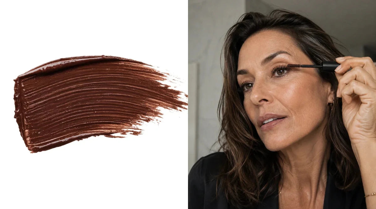 Waterproof brown mascara. Black mascara could be aging you. Short lashes? Brown mascara is best.