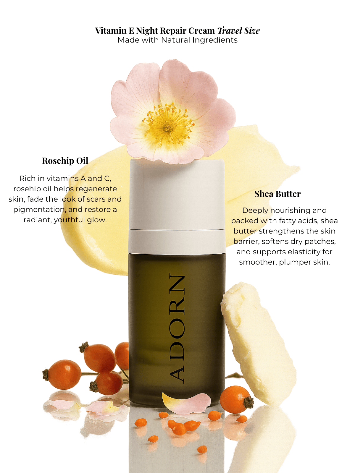 Vitamin E night repair cream travel size with natural ingredients like roship oil and shea butter, featuring a flower and fruits on a white background.