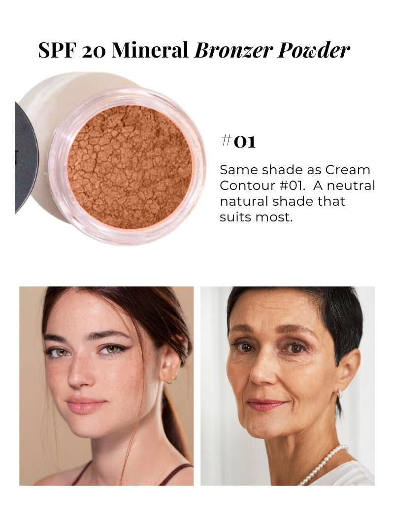 SPF 20 Mineral Bronzer Powder with two application examples on faces.