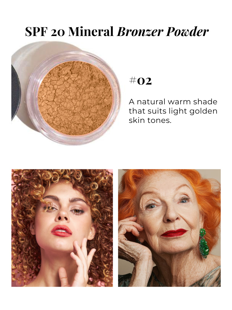 SPF 20 Mineral Bronzer Powder with product and model images.