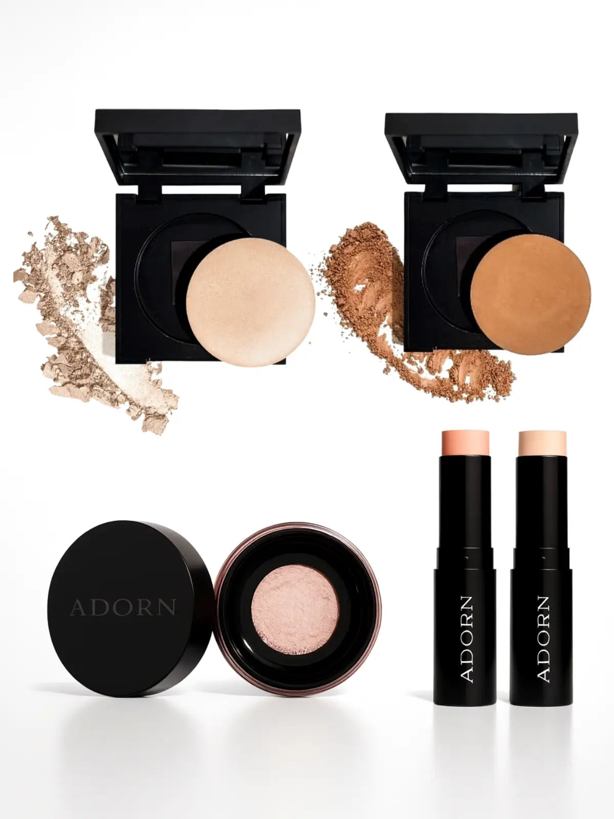 Makeup products including compact powders and sticks with 'Adorn' branding on a white background.