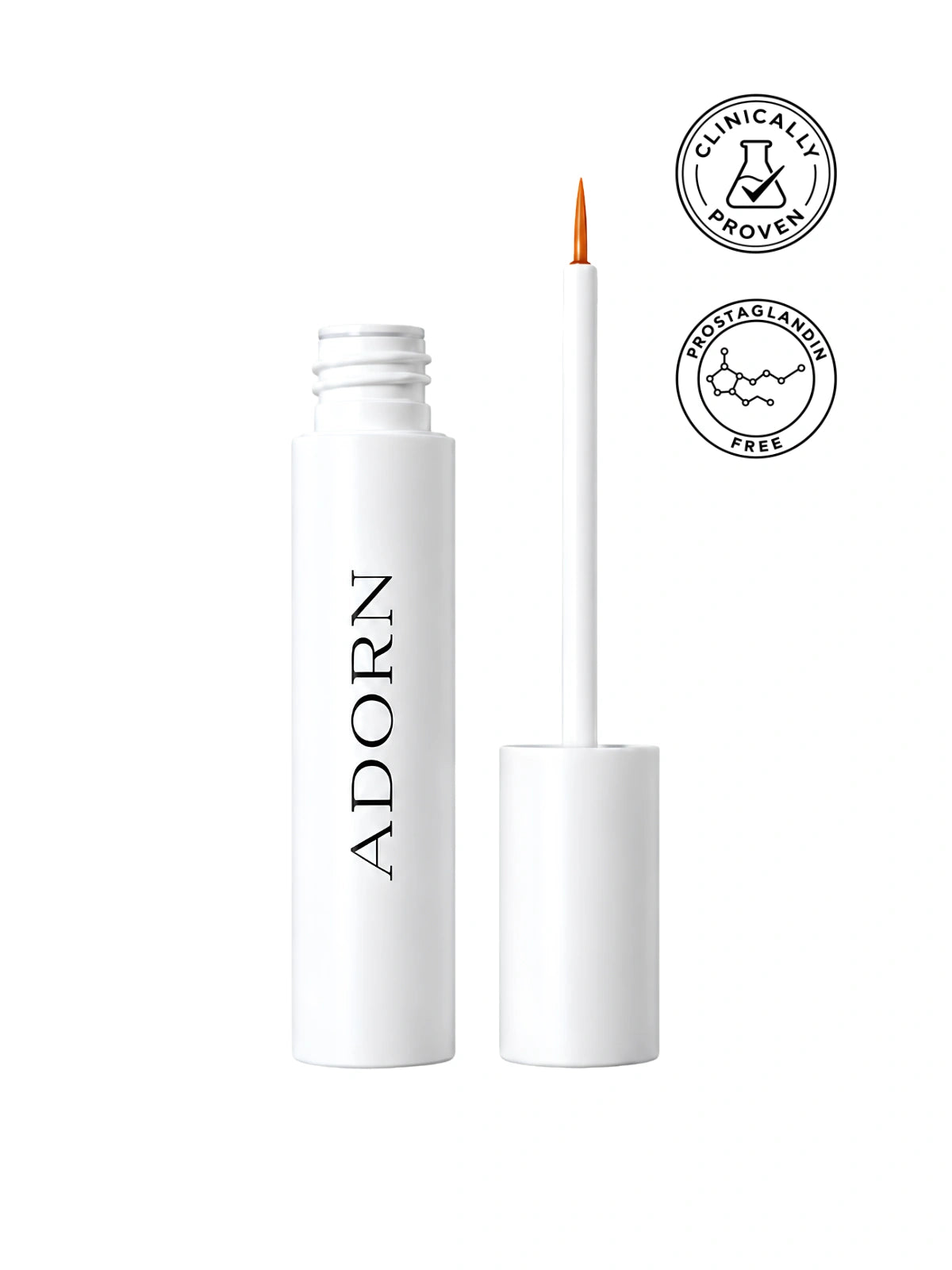 A white cosmetic tube labeled ADORN stands open next to its applicator wand with an orange-tipped brush. Two circular badges on the right read Clinically Proven and Postglaciar Free, all on a plain white background.
