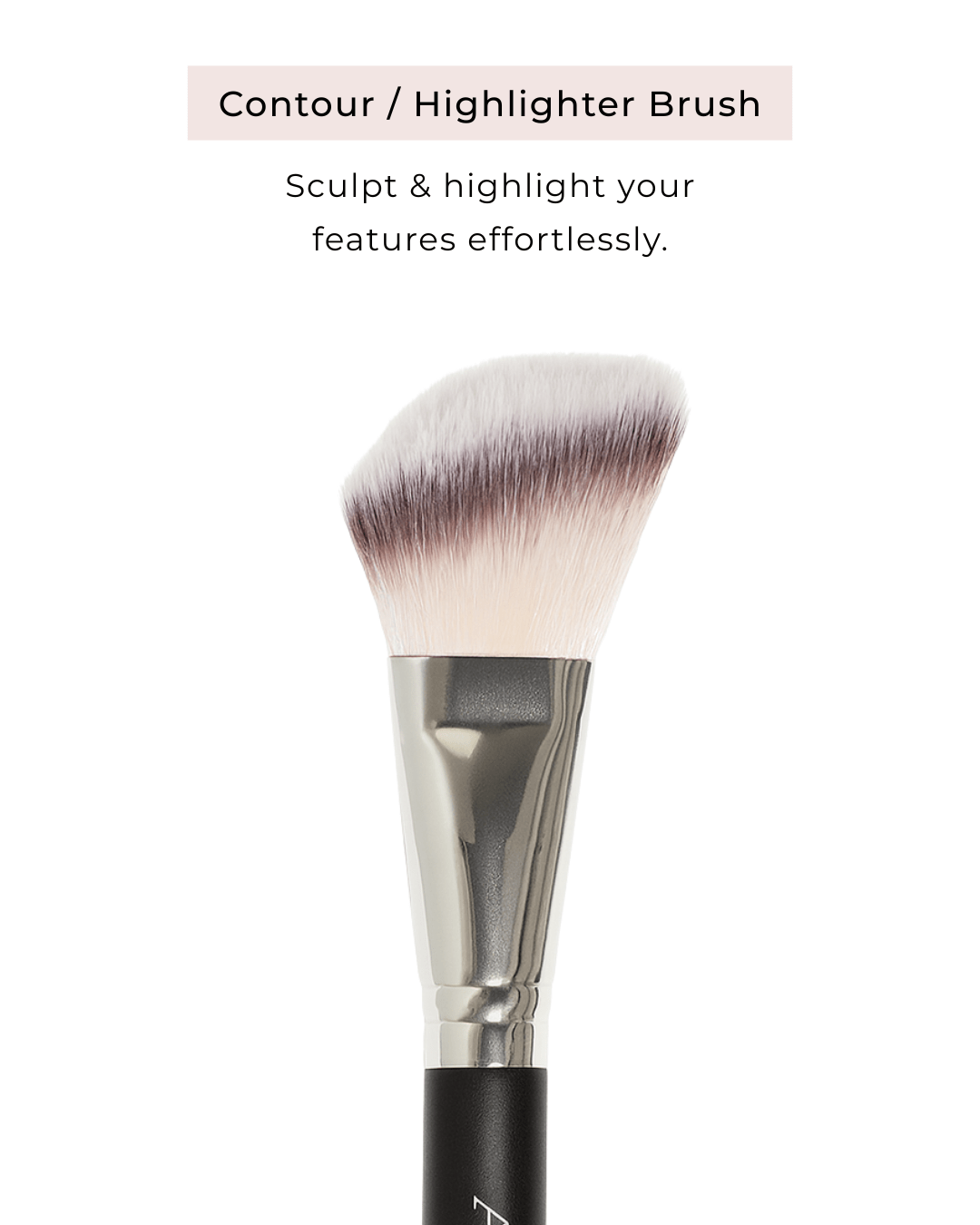 Makeup brush with black handle and pink bristle head on a white background