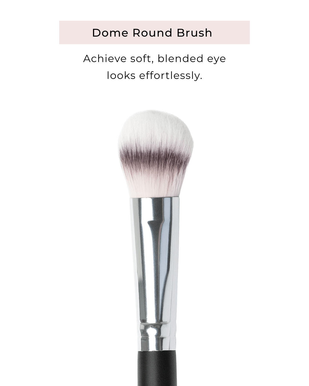 Makeup brush with text describing its use on a white background