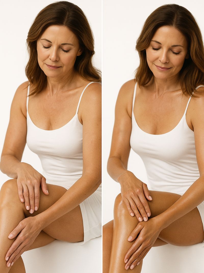 Side-by-side comparison of a woman's legs with and without organic body oil treatment on a white background.