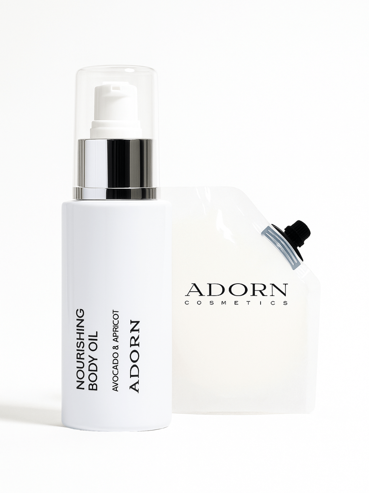 Organic body oil with refill pouch against a white background.