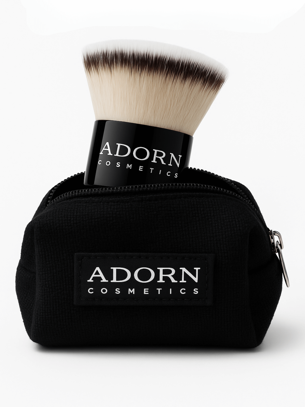 Makeup brush with black handle and white bristles in a black pouch, both branded 'Adorn Cosmetics'.