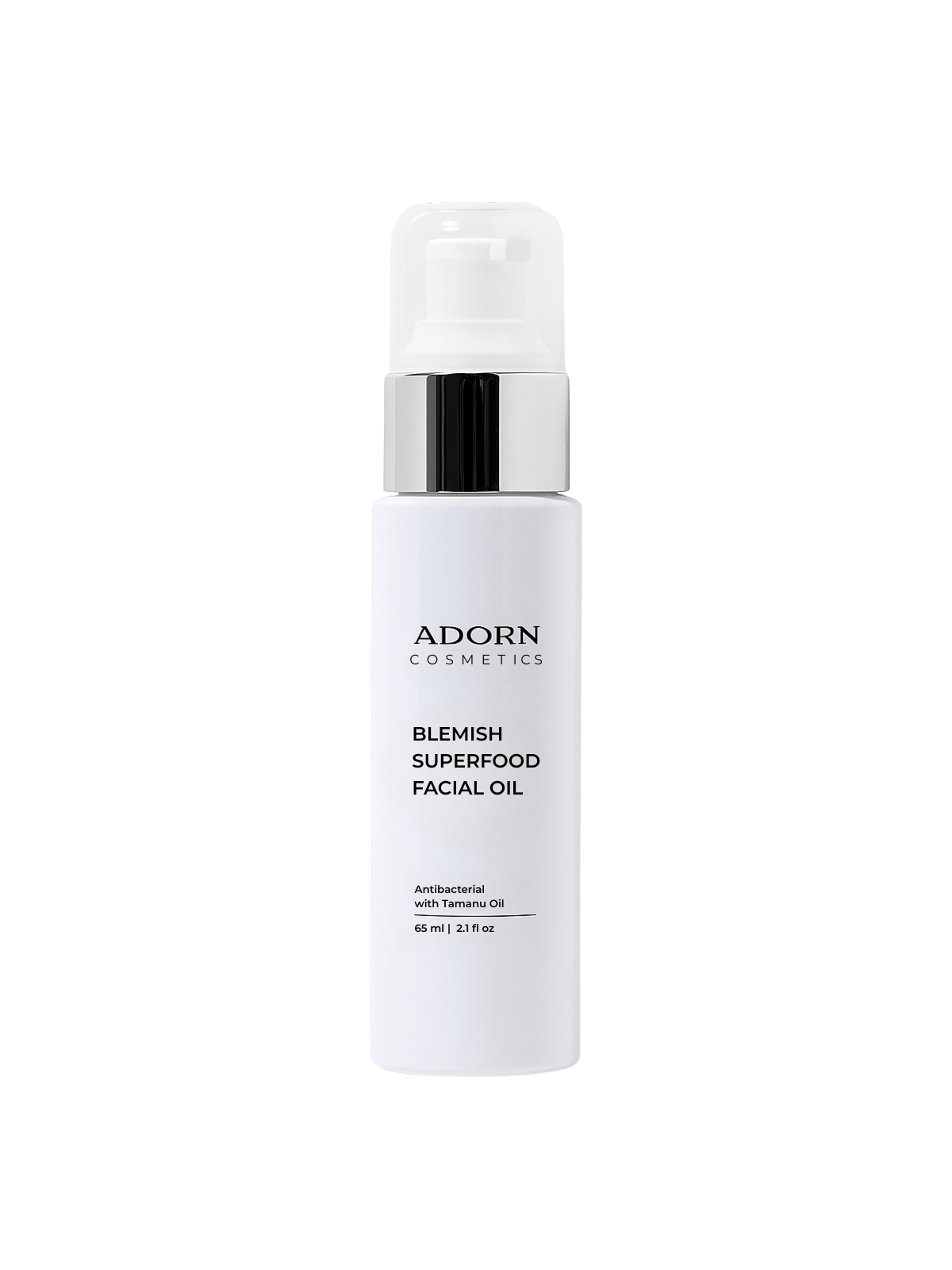 Adorn Cosmetics Blemish Superfood Facial Oil bottle on a white background