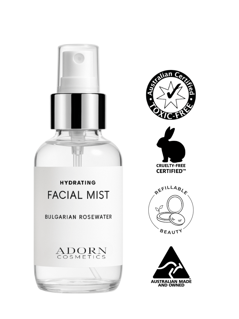Best hydrating face mist bottle with Adorn Cosmetics branding on a white background