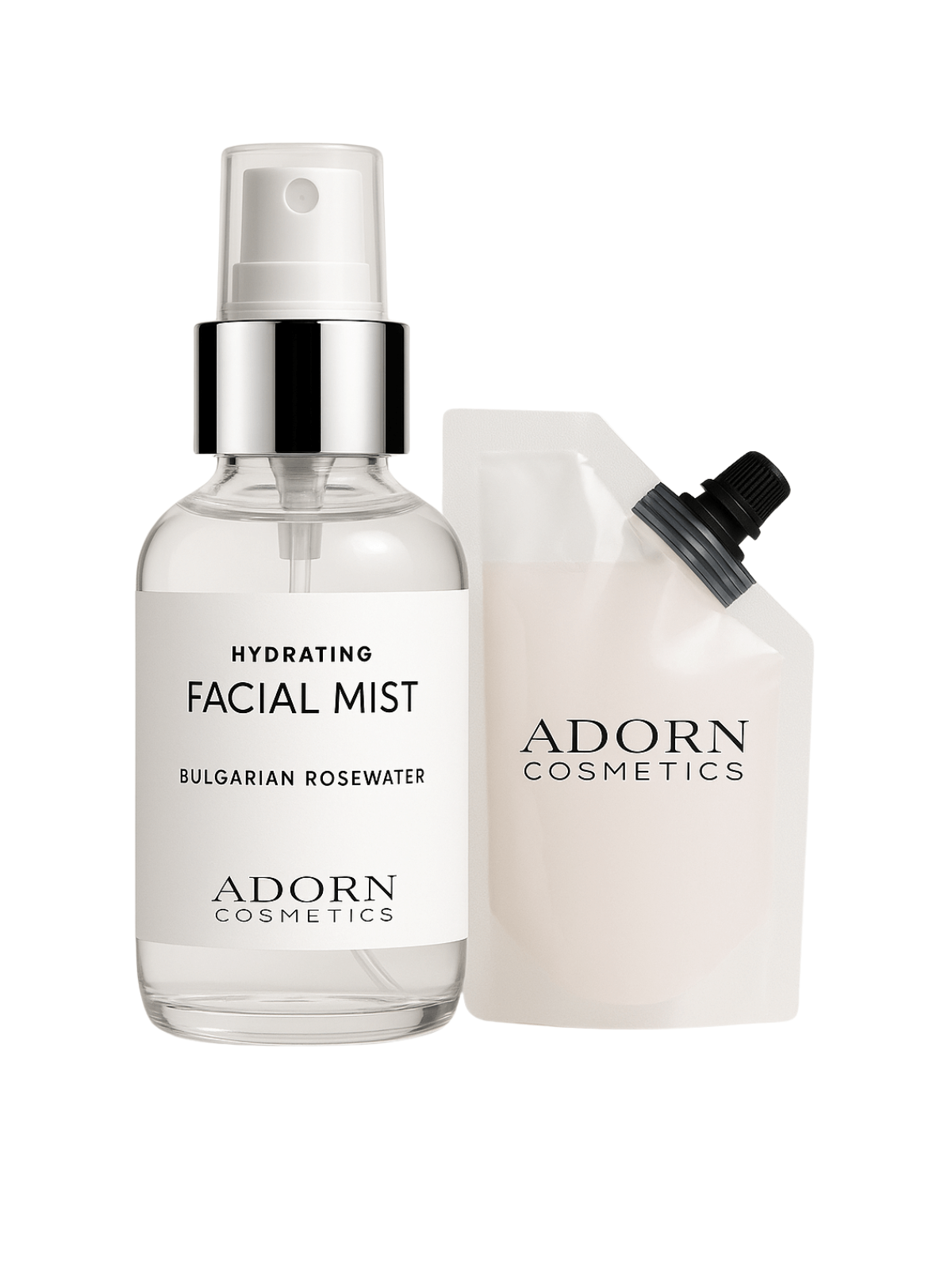 Adorn Cosmetics facial mist bottle and refillable container on a white background