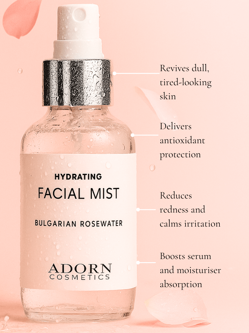 Hydrating facial mist bottle with text on a pink background
