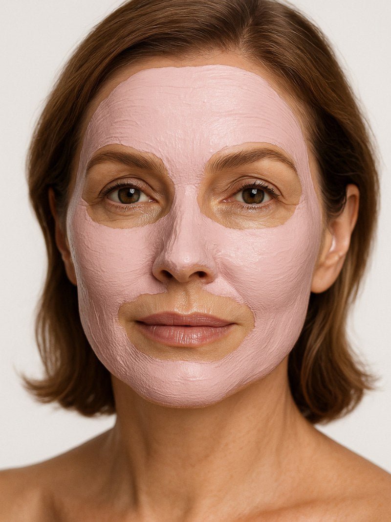 Woman with a pink clay face mask applied to her face against a white background.