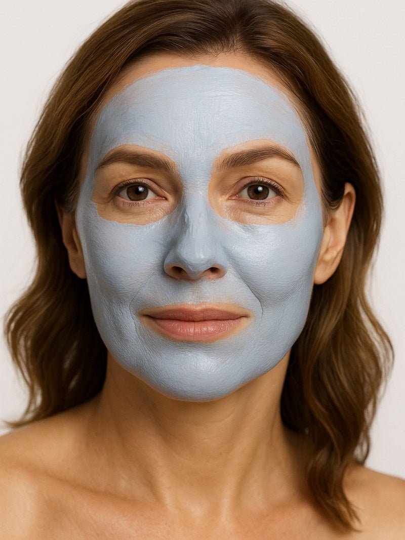 Woman with a blue facial mask for mature skin on a plain background.