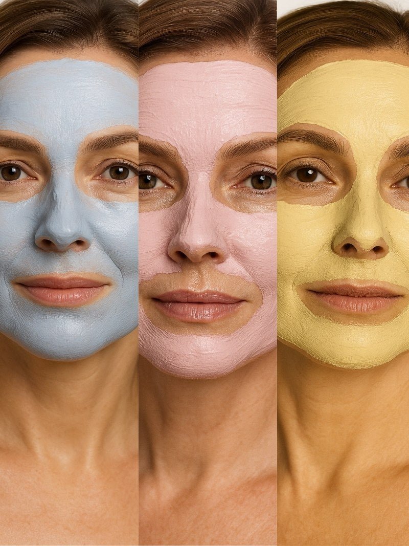 Three women wearing different natural face masks for mature skin on a white background.