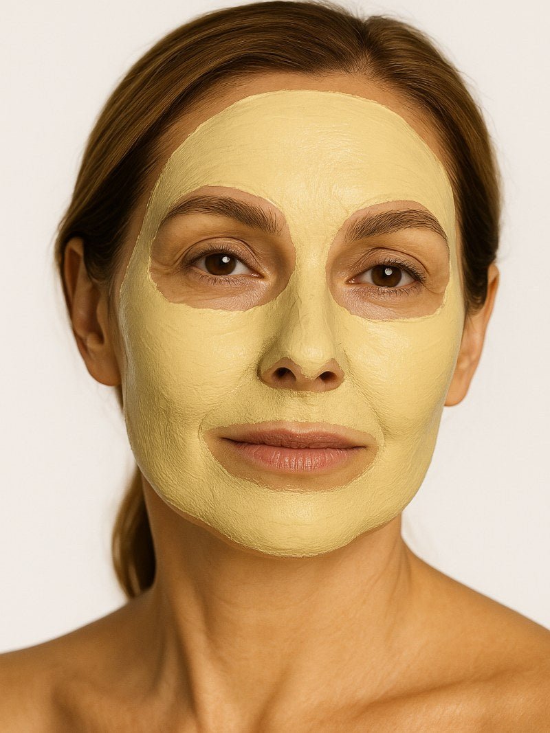 Woman wearing a yellow natural facial mask for mature skin on a plain background.