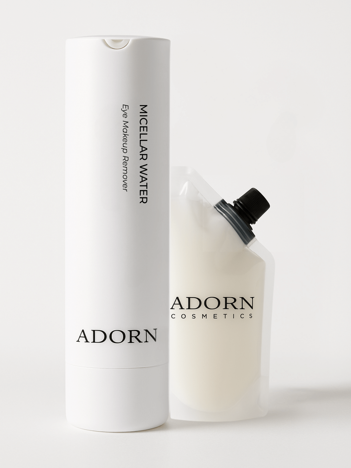 Adorn Cosmetics micellar water bottle and packaging on a white background