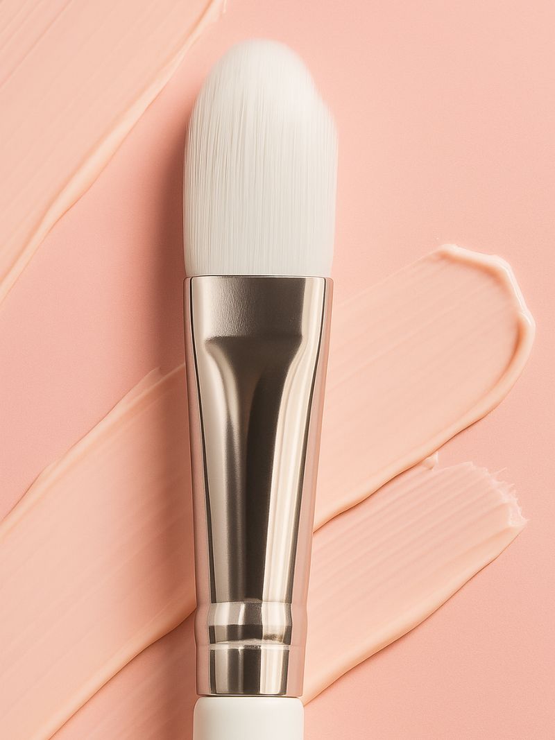 Vegan brush for face masks with white bristle head and silver ferrule on a pink background