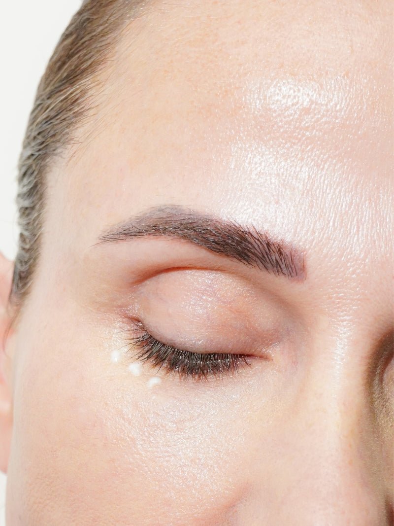 best hydrating eye cream swatch on a mature woman's undereye from Adorn Cosmetics.