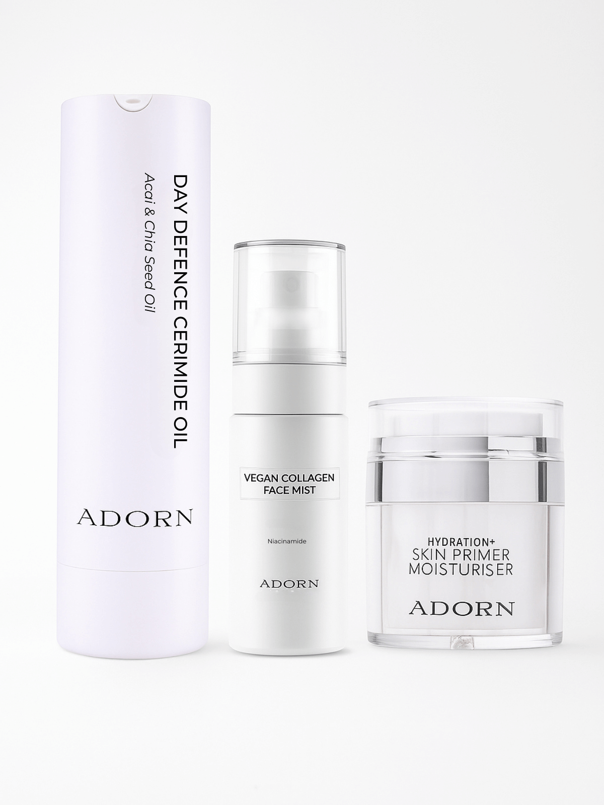 Three skincare products from the brand 'Adorn' on a white background