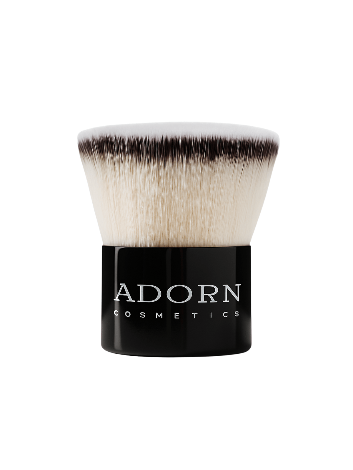 vegan foundation kabuki brush with black and white bristles on a white background, branded 'Adorn Cosmetics'.