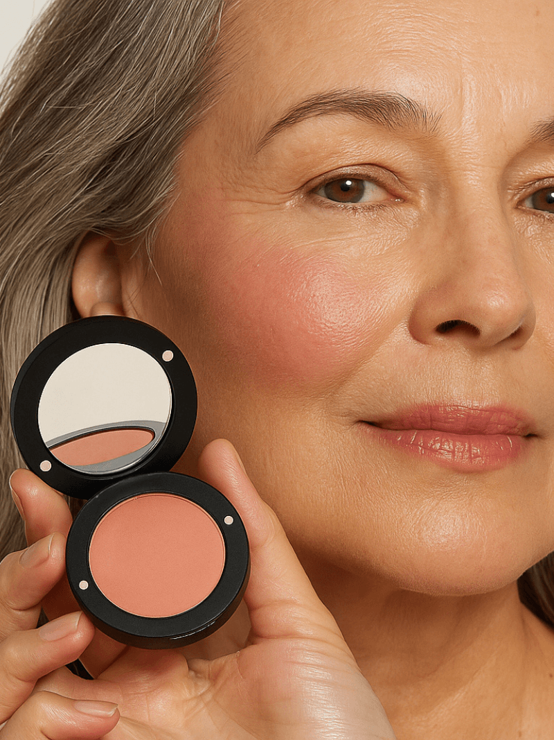 Mature woman holding mineral makeup compact stack from Adorn Cosmetics.