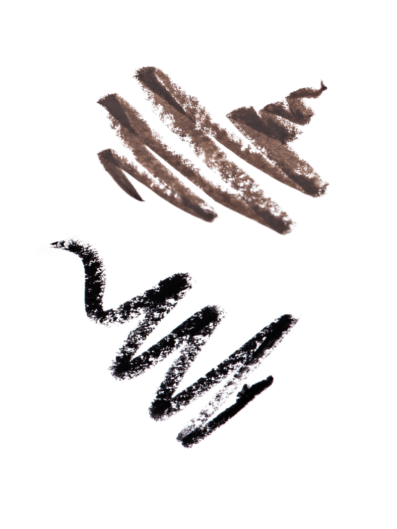 Makeup swatches of long wear eyeliner in brown and black on a white background.