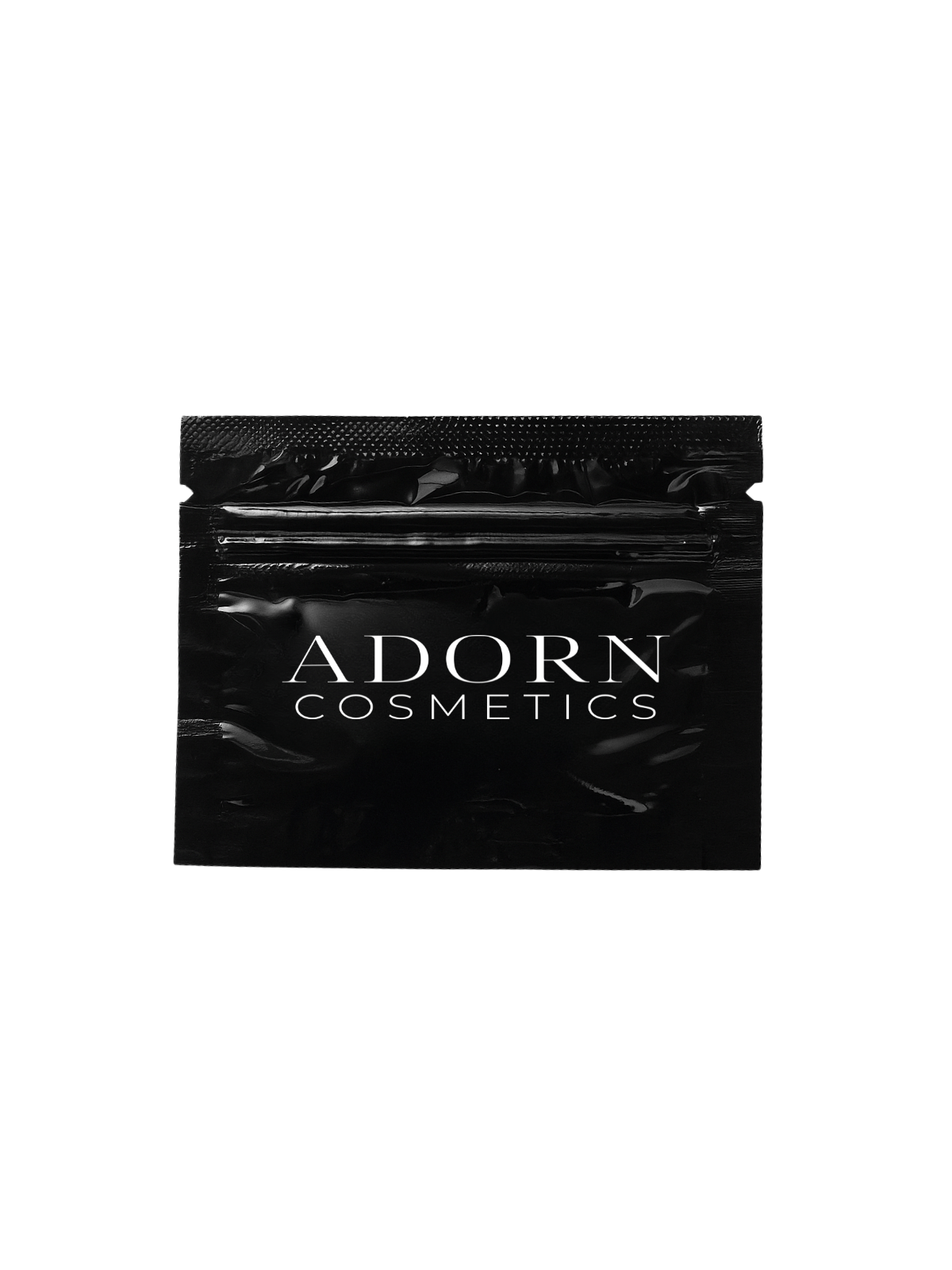 Black cosmetic bag with 'Adorn Cosmetics' branding on a white background