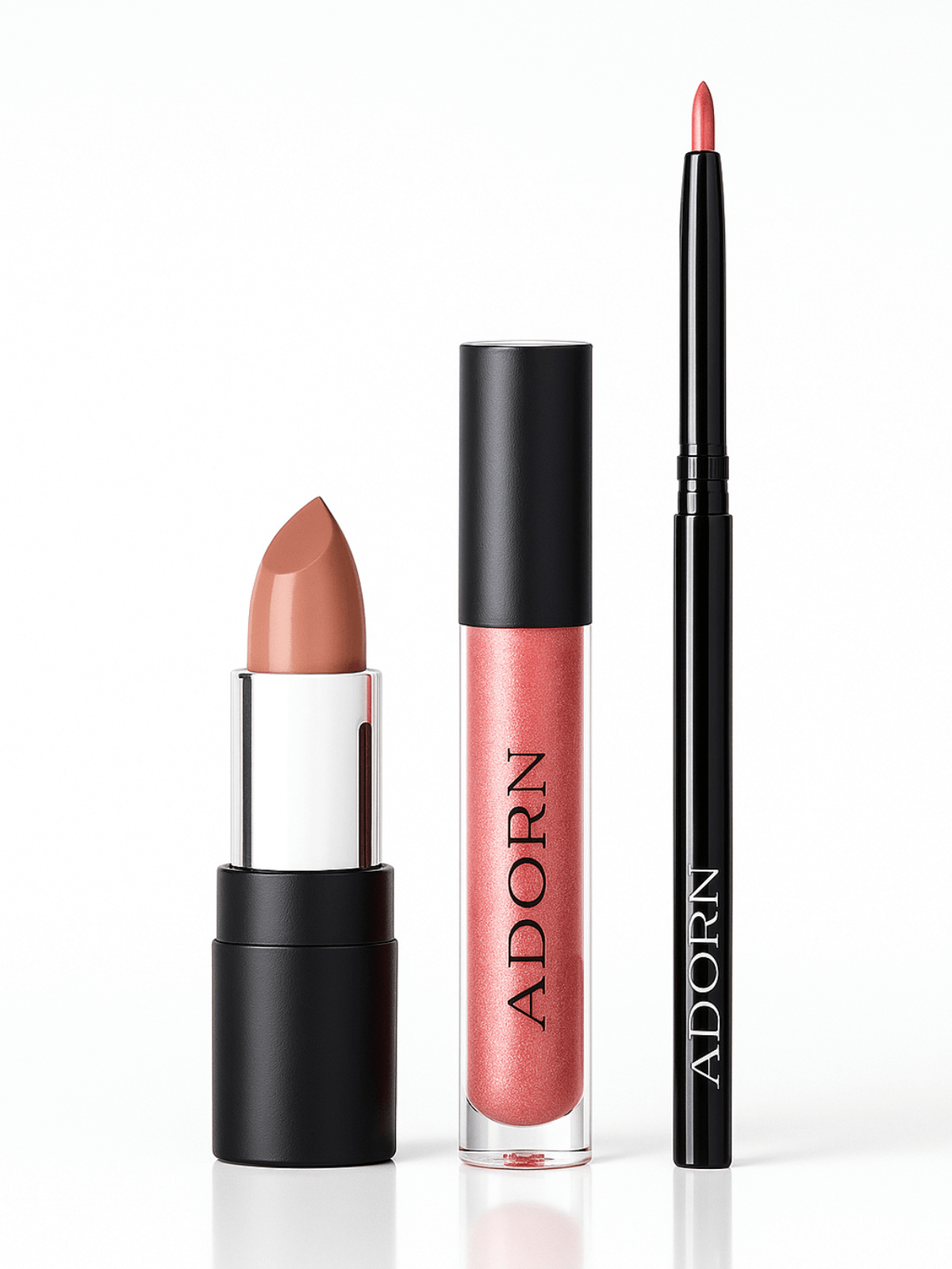 Lipstick, lip gloss, and lip liner with 'ADORN' branding on a white background