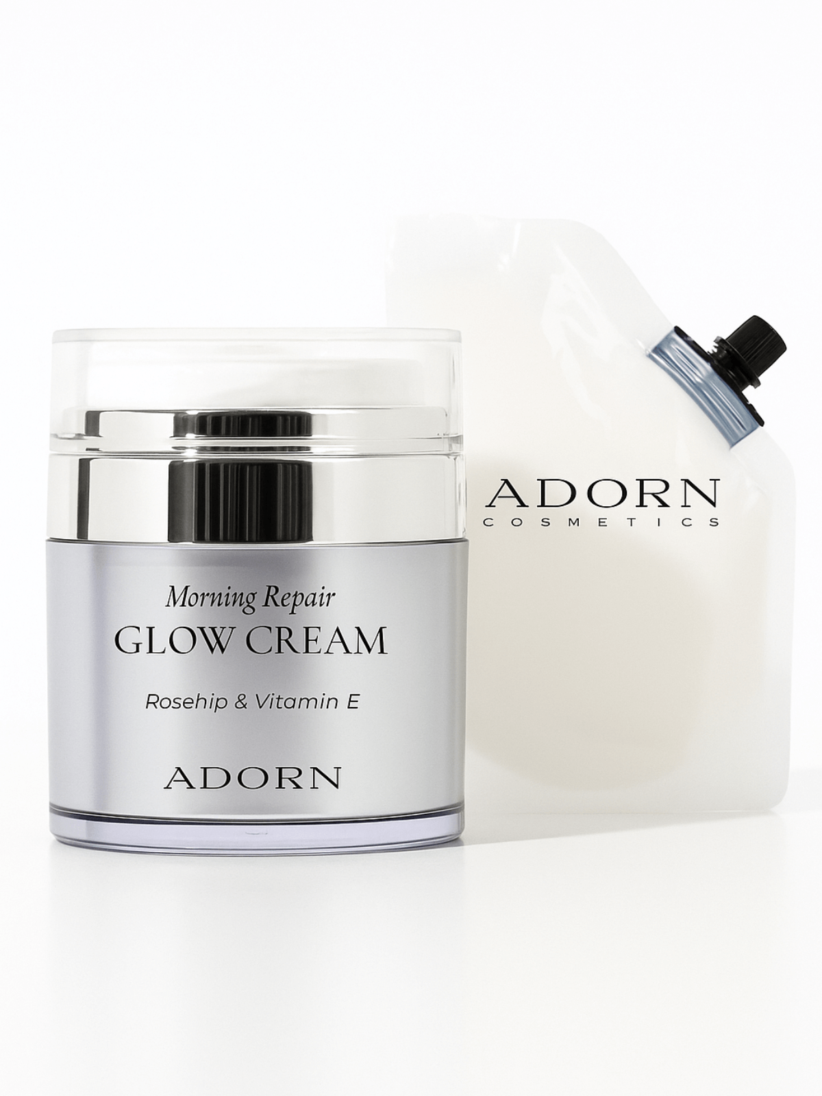 Adorn Cosmetics Morning Repair Glow Cream with applicator on a white background