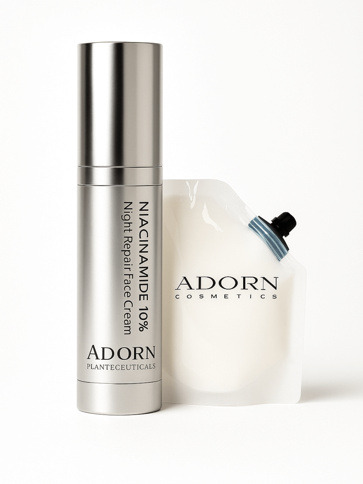 Adorn Cosmetics Niacinamide 10% Night Repair Face Cream bottle and refill pouch on a white background