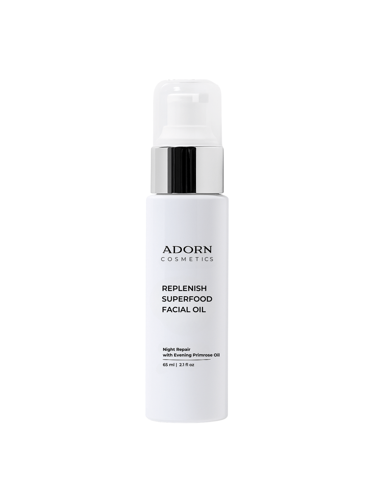 Adorn Cosmetics Replenish Superfood Facial Oil bottle on a white background