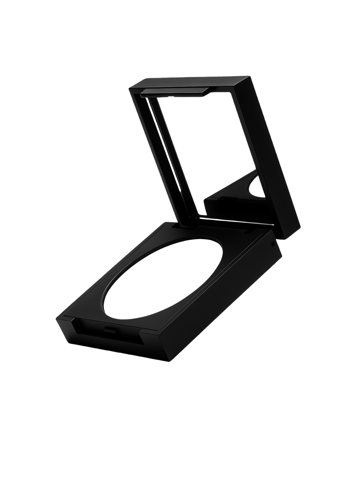 Black oil control mineral pressed setting powder compact with a clear lid on a white background