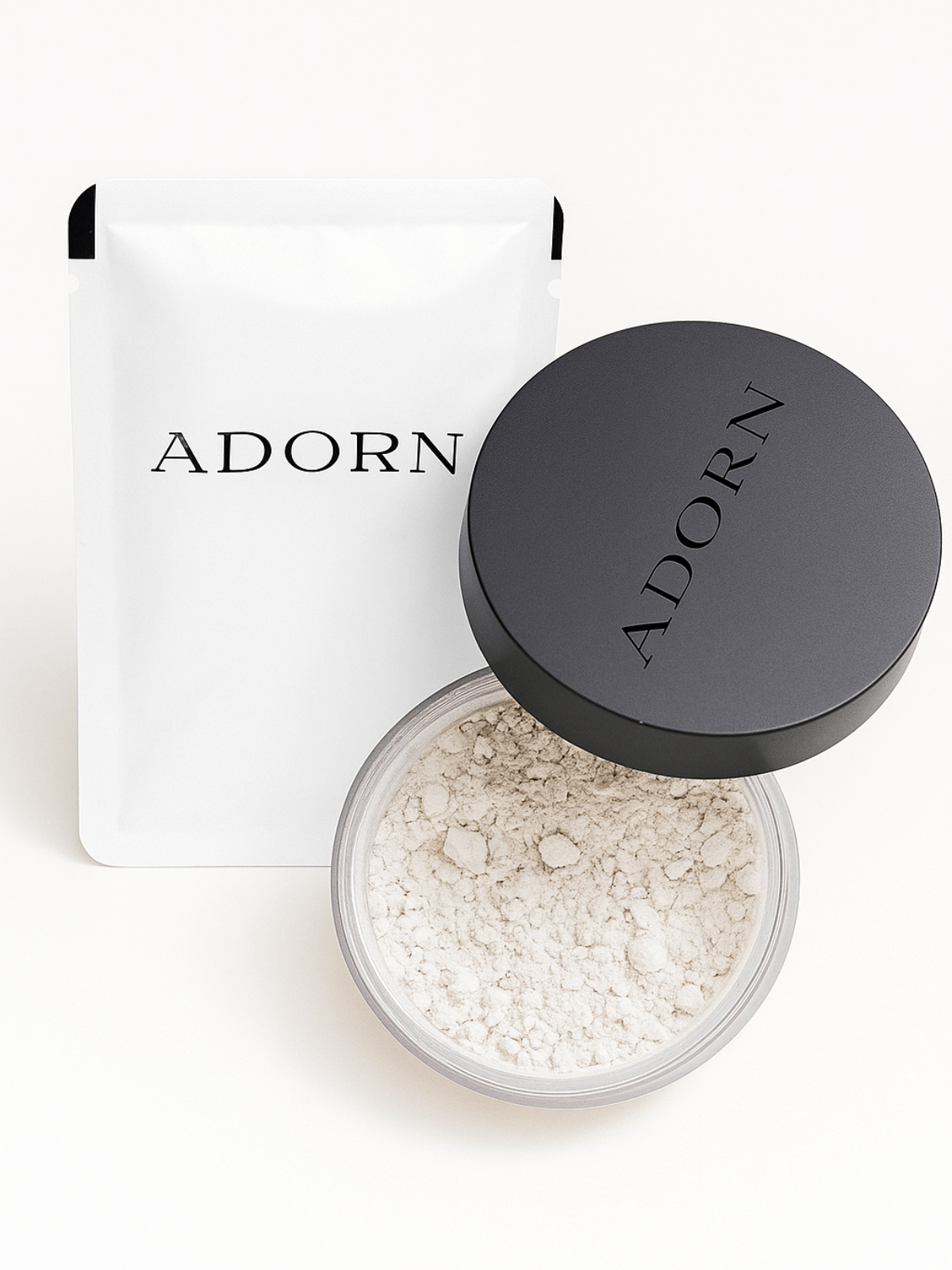 Open container of best setting powder for oily skin in a jar and refill pouch with a black lid on a white background.