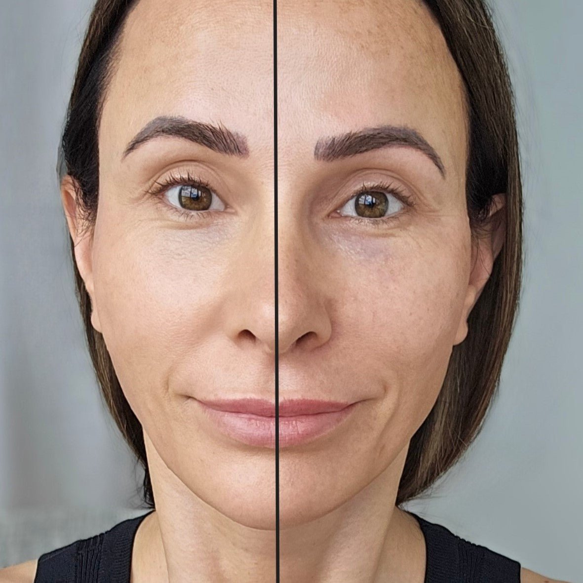 before and after of cream concealer for mature skin on a woman, showing before and after coverage.