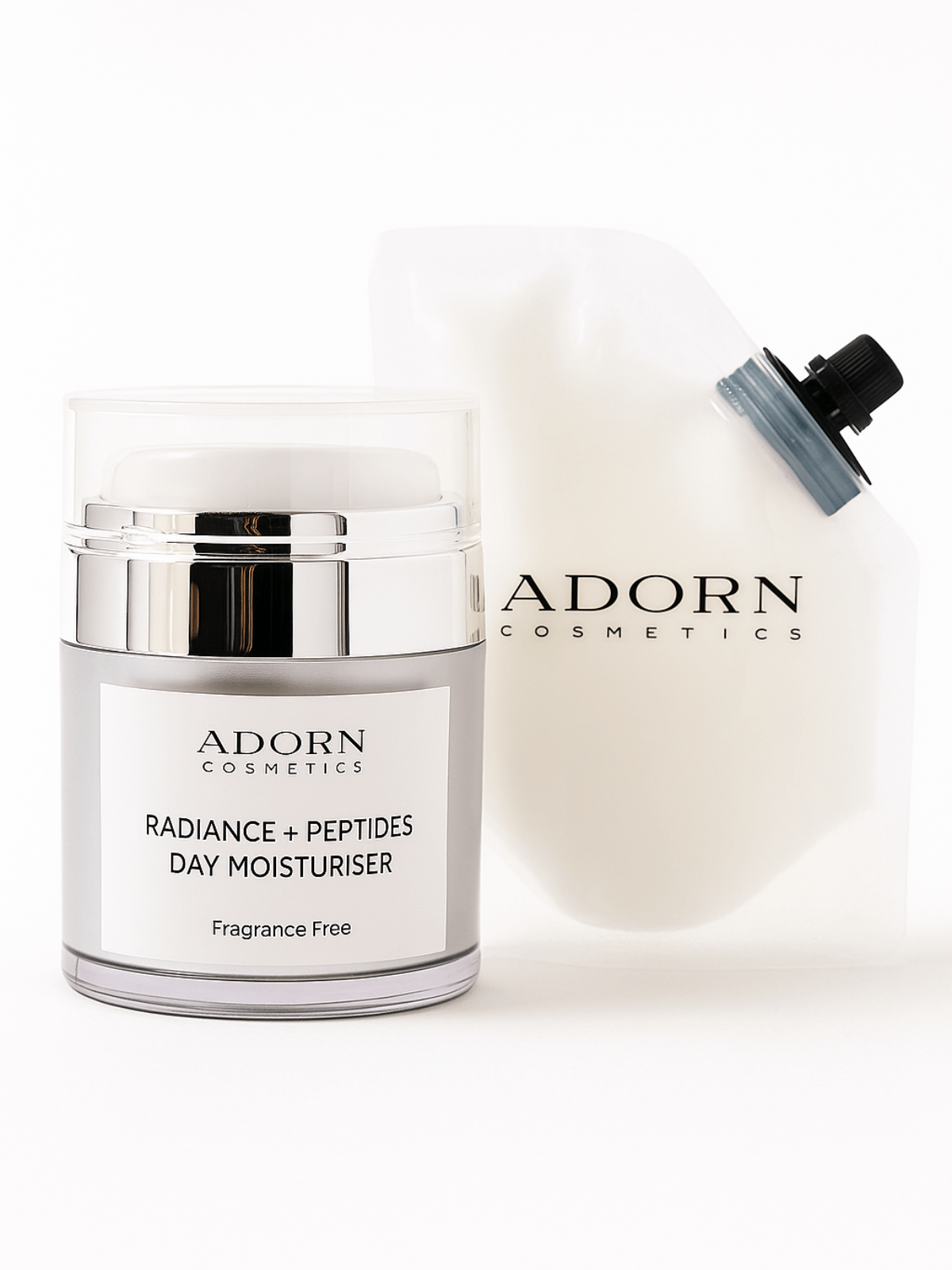 Adorn Cosmetics Radiance + Peptides Day Moisturiser jar with a white background