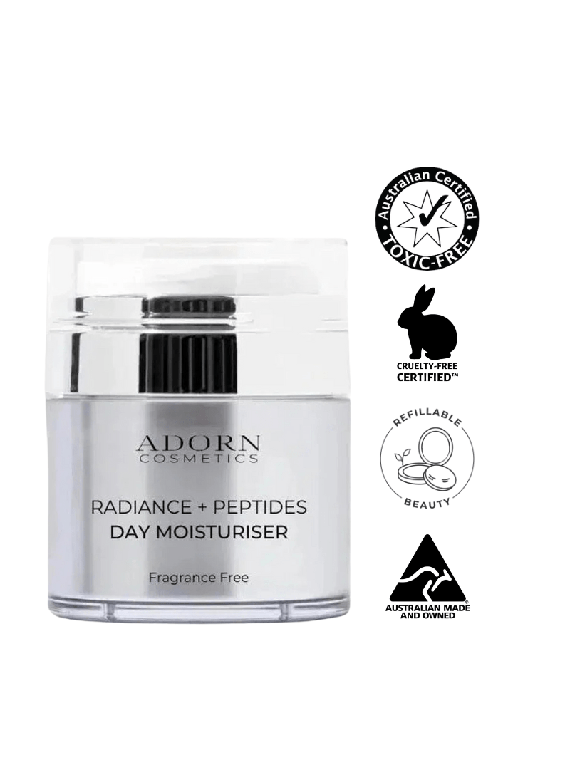 face cream with peptides jar with certification logos on a white background.