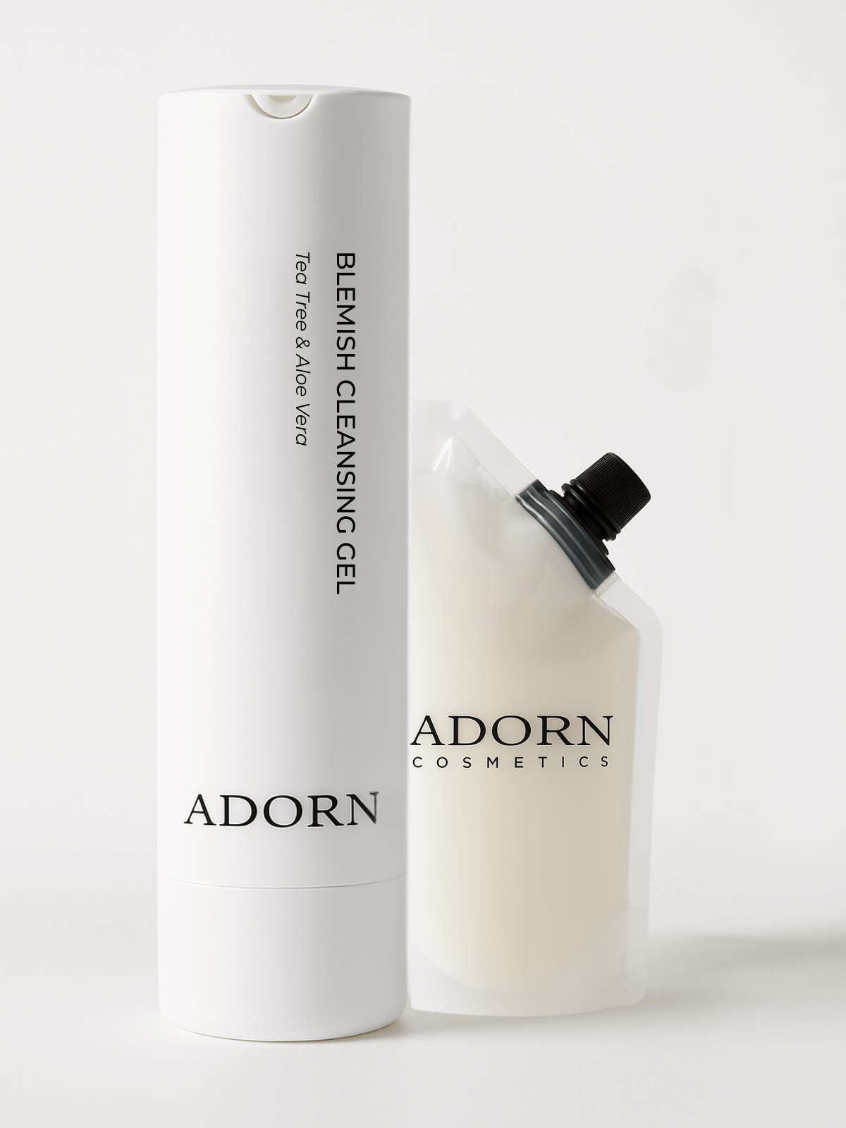 Blemish cleansing gel bottle and packaging with 'Adorn' branding on a white background