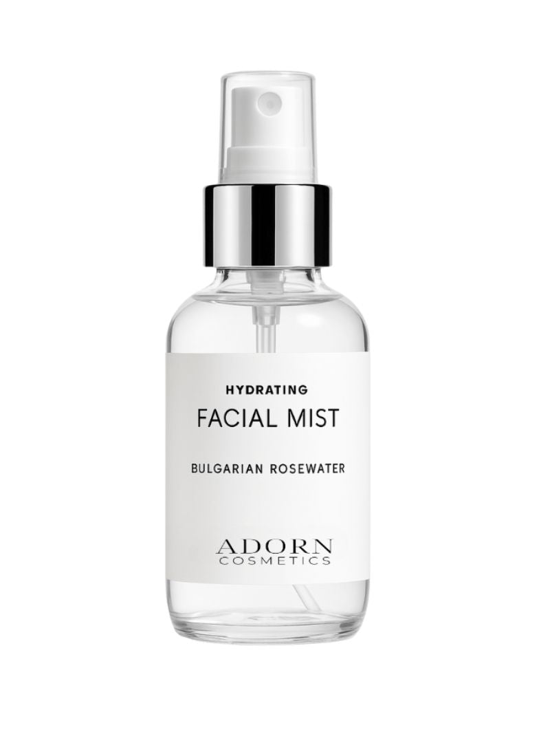 Best hydrating face mist from Adorn Cosmetics, made with Bulgarian Rosewater Hydrating Face Mist on a white background.