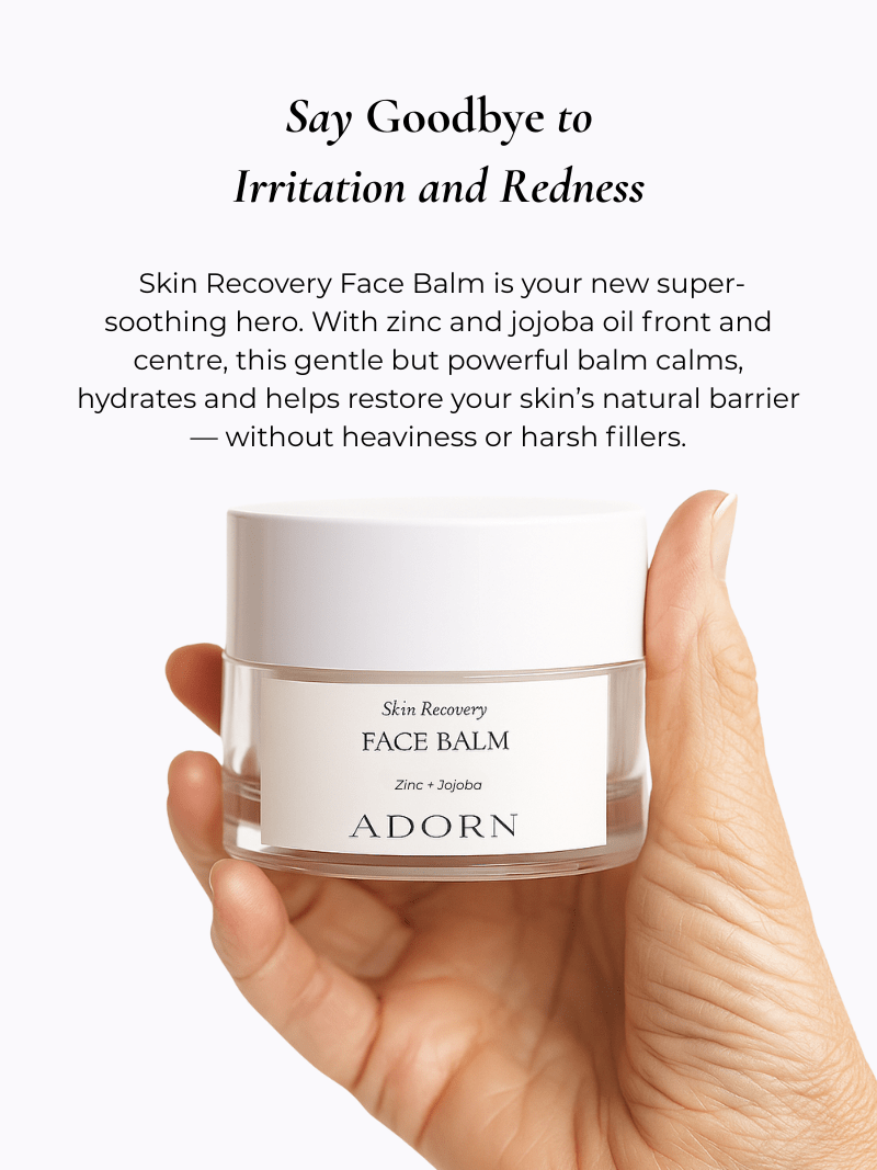 jar of Adorn's skin recovery face balm to soothe irritated and red skin in a woman's hand against a white background.