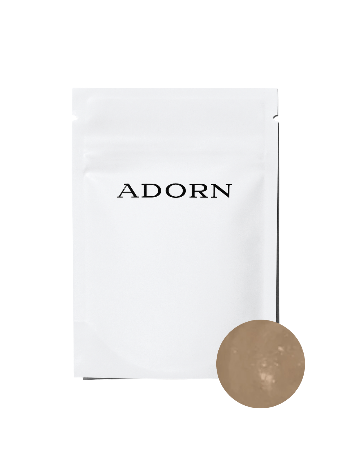 Medium olive bb cream sample in a white pouch for mature skin from Adorn against white background.