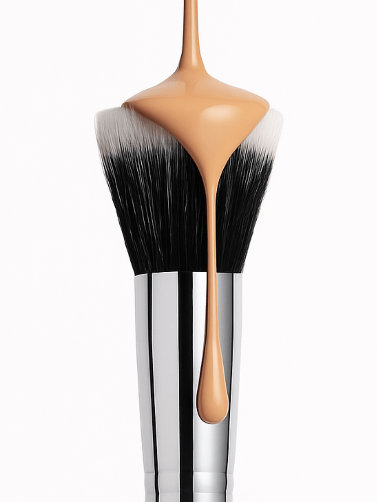 Makeup brush with black bristles and a beige handle on a white background