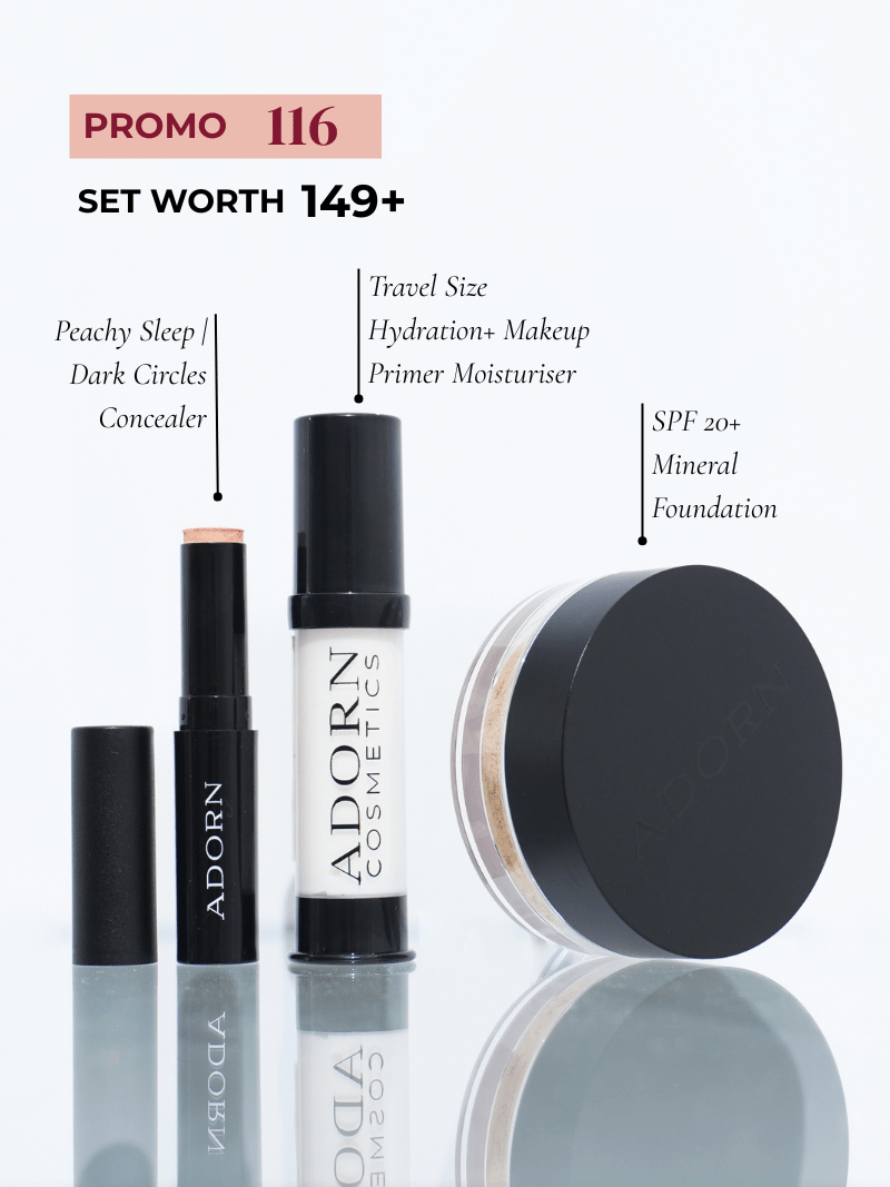 Adorn Cosmetics makeup set Australia with product names and features on a white background.