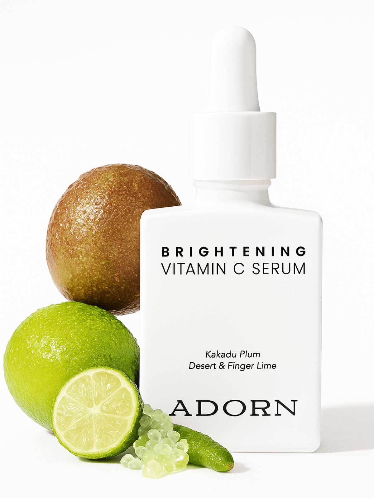 Best vitamin c serum for over 50, white bottle with Kakadu plum, lime, and desert lime on a white background.