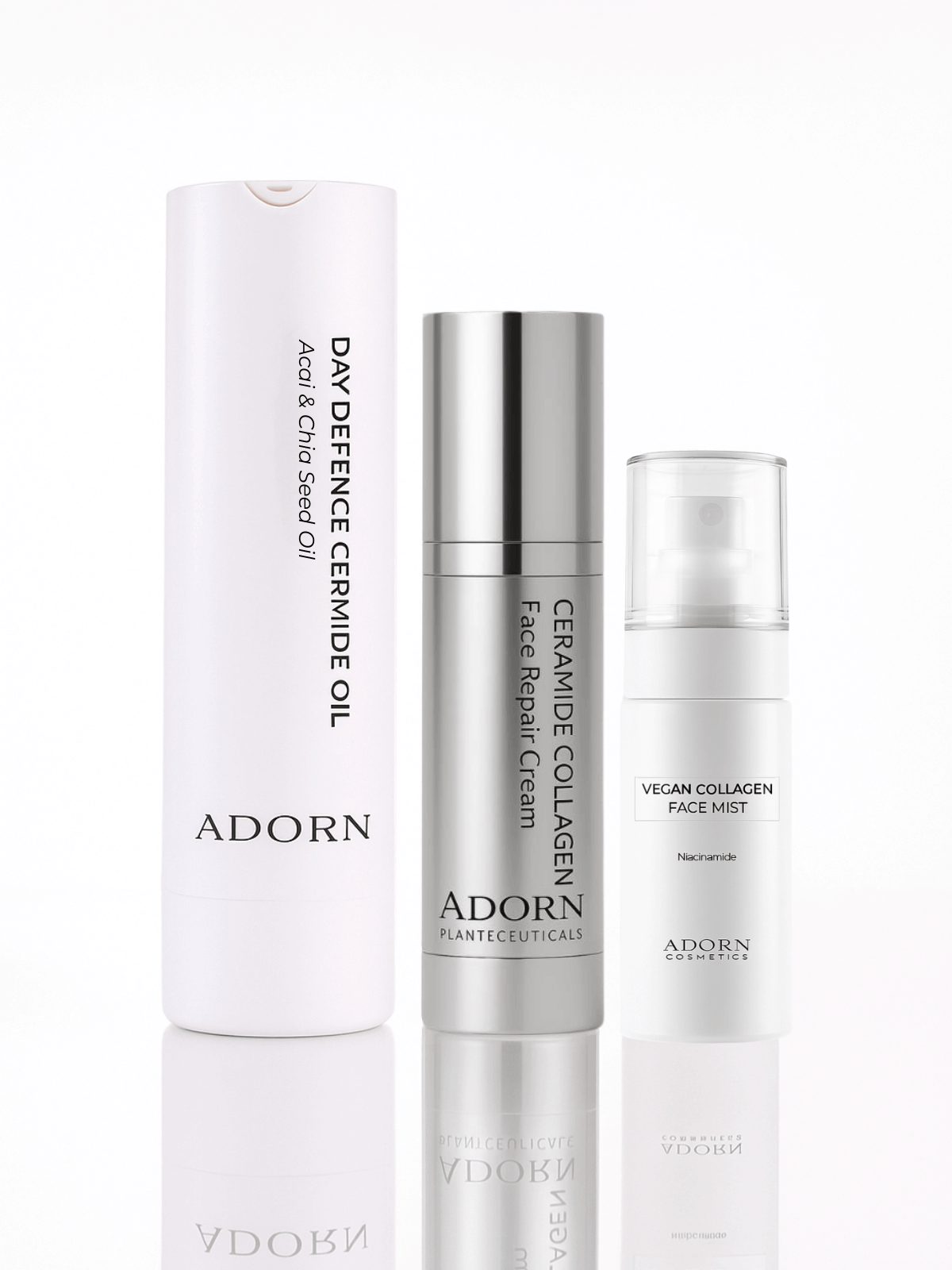 Three skincare products from the brand 'Adorn' on a white background