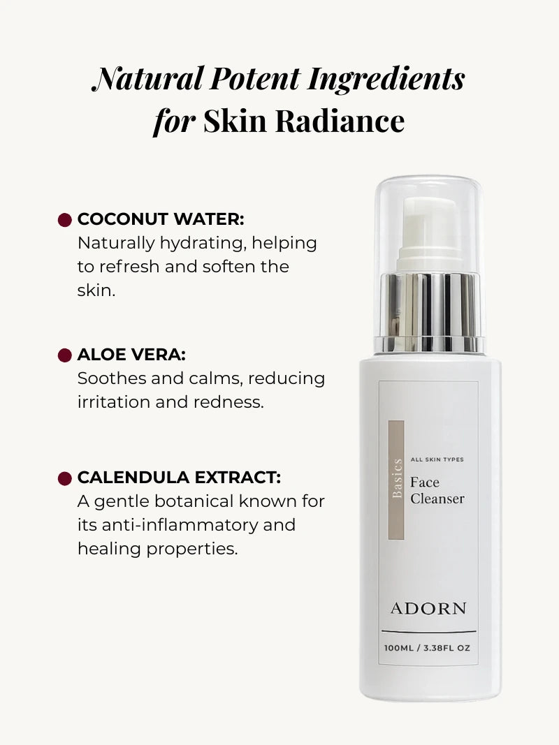 Clear skin foaming cleanser with natural potent ingredients for skin radiance, featuring Adorn Cosmetics branding.