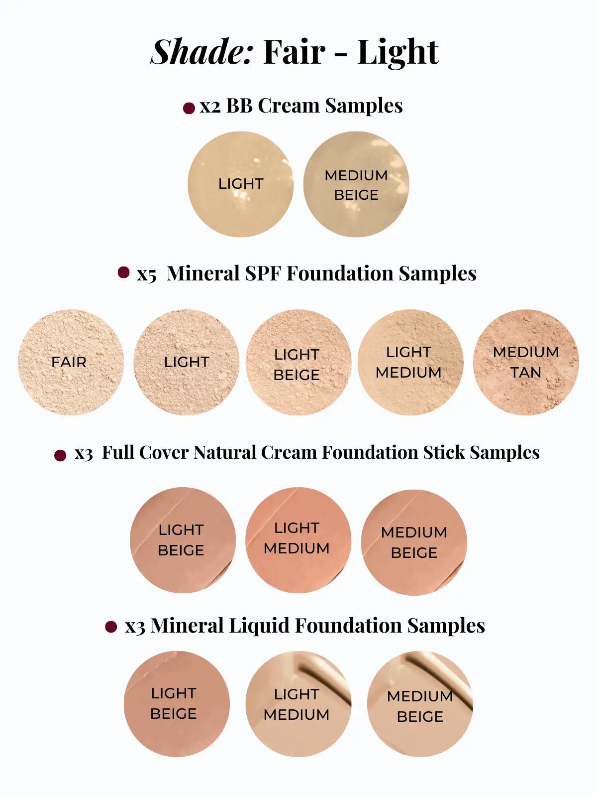 online foundation samples shade chart with various foundation samples labeled from 'Fair' to 'Medium Beige'.