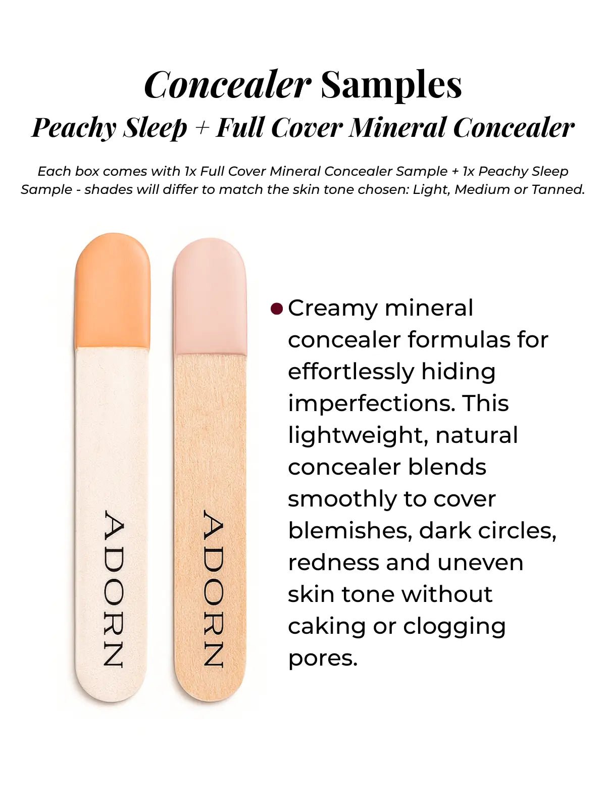 Two concealer samples with 'ADORN' branding on a white background, accompanied by product description text.