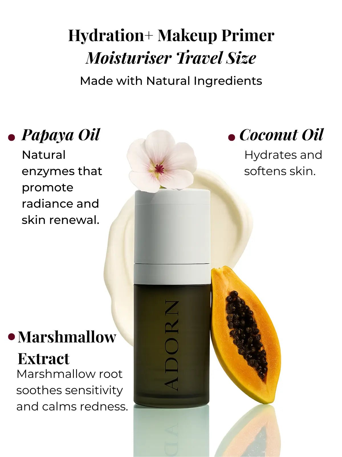 Hydration makeup primer travel size with natural ingredients on a white background