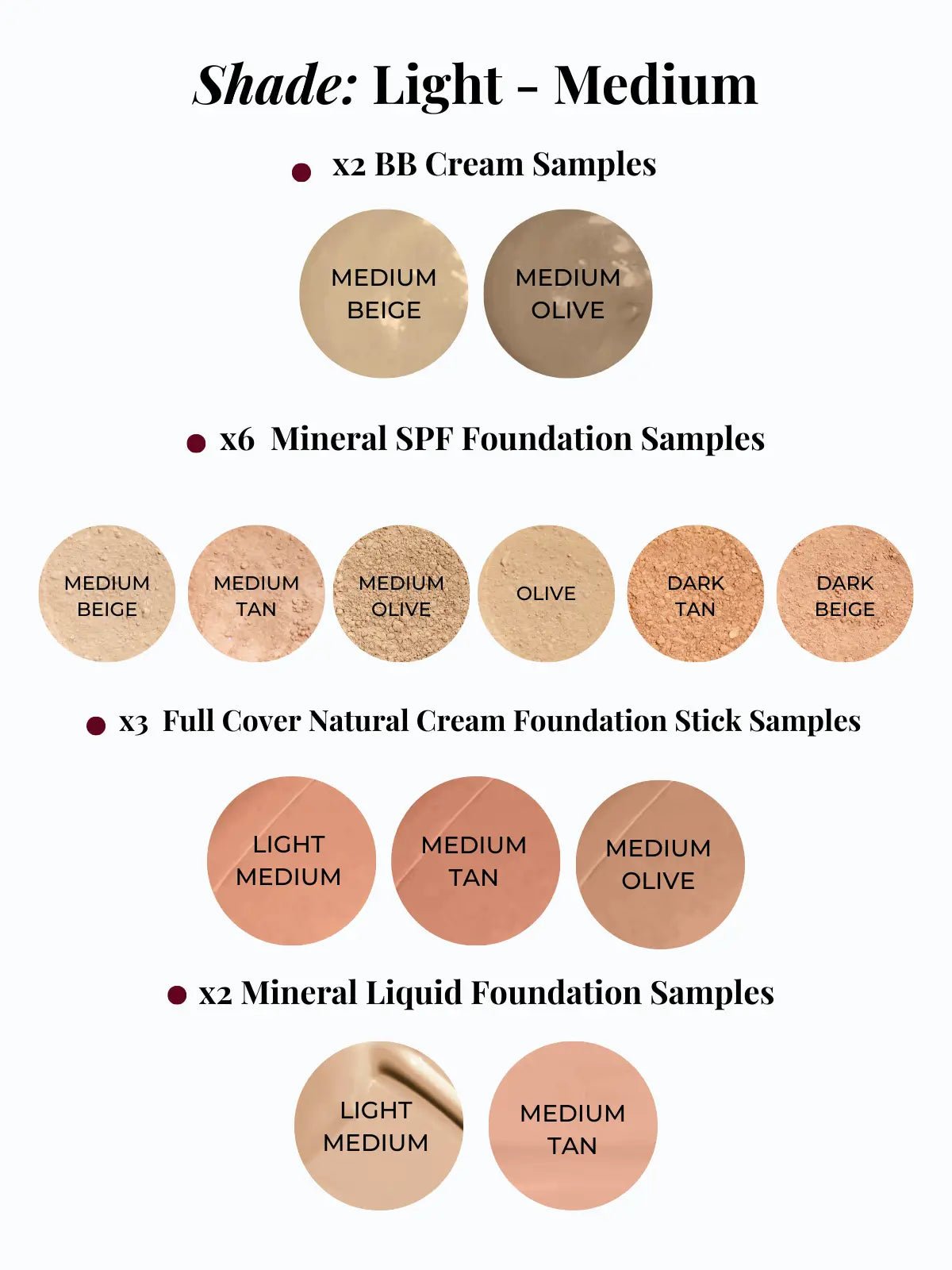 online foundation samples shade chart with samples labeled 'Light' and 'Medium' on a white background.