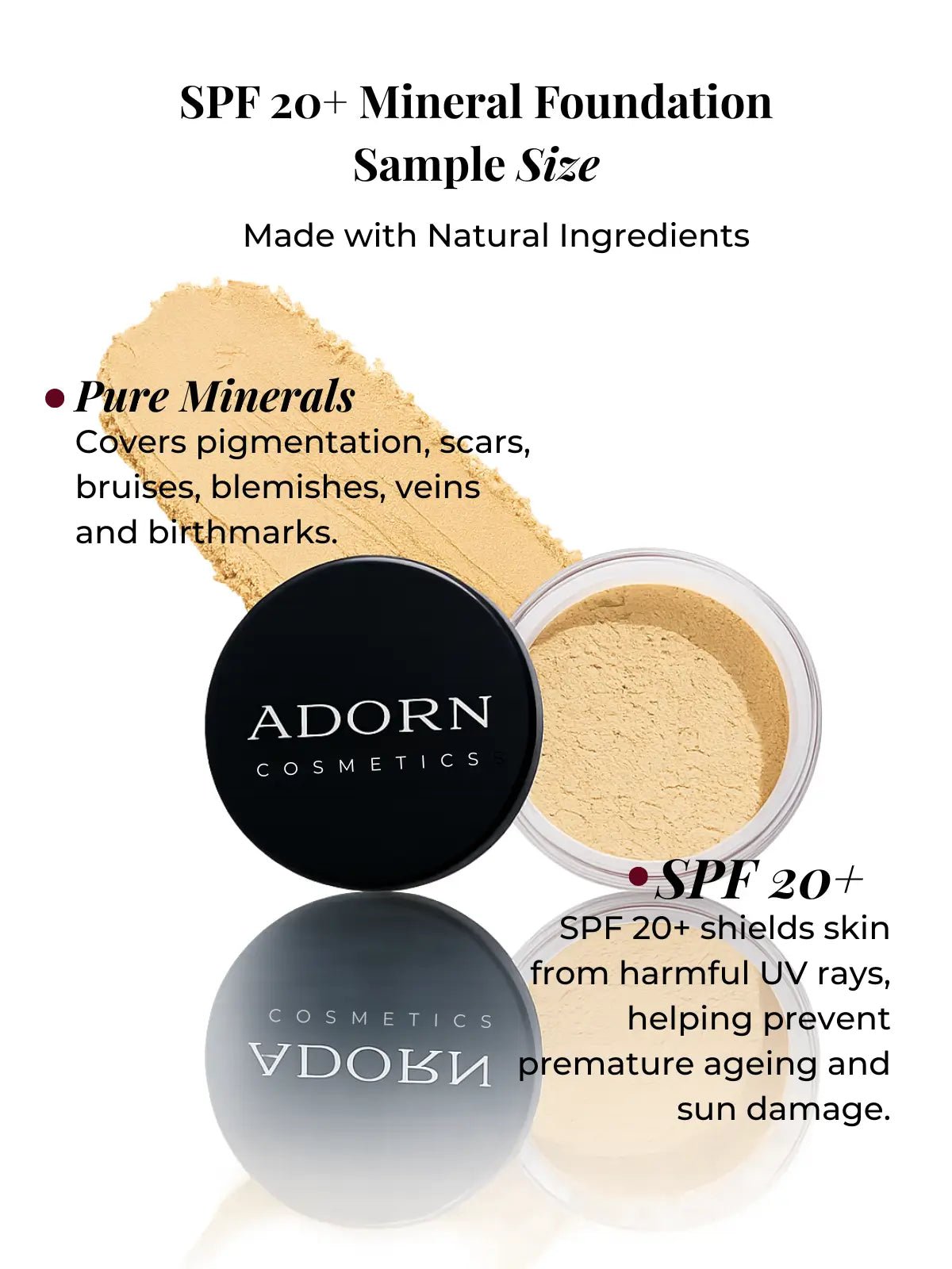Adorn Cosmetics mineral foundation online sample with product details on a white background